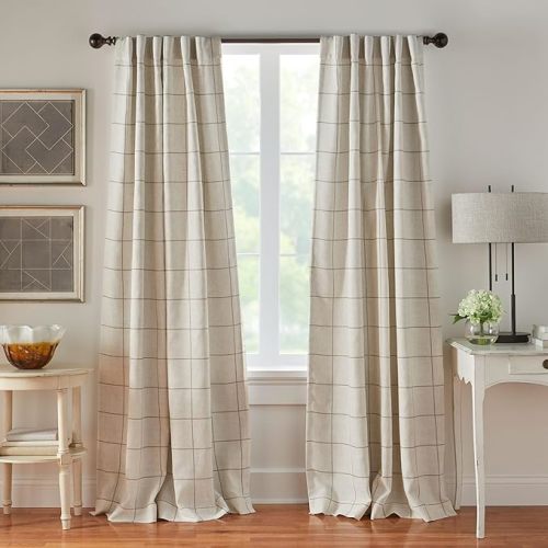 Brighton Windowpane Plaid Blackout Window Curtain Panel, Linen - 52" W x 84" L