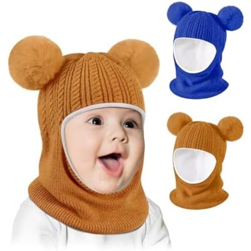 Baby Winter Hat Scarf Set 2 Pack, Toddler Beanie Hats Girl Boy with Neck Warmer, Beanie for Kids Knit Warm for Cold Weather