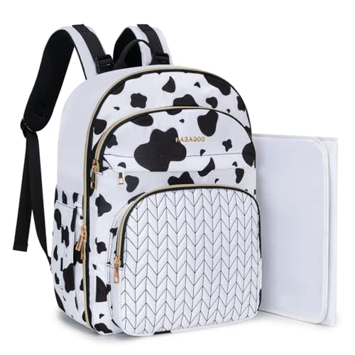 KABAQOO Baby Diaper Bag Backpack, Waterproof Diaper Backpack for Mom & Dad with Changing Pad, Insulated Pockets and Stroller Straps, Baby Shower Gifts for Girls & Boys, Cow