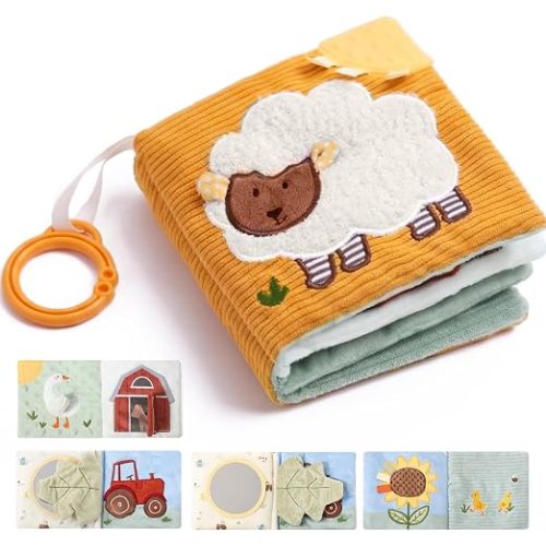 let's make Soft Baby Book for 0-12 Months, Crinkle Sensory Cloth Book with Teether, Mirror, Squeaker and C Clip, Farm Story Tummy Time Stroller Toy