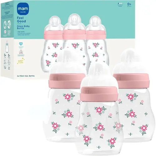 MAM Premium Glass Baby Bottles, Easy Switch Between Breast and Bottle, Feel Good Slow Flow, Newborn Essentials Must Have, 0+ Months, BPA Free, 6oz, Girl, 3 Pack