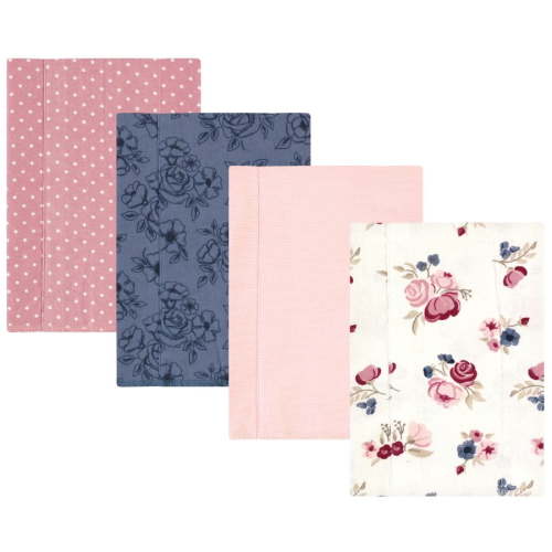 Hudson Baby Infant Girl Cotton Flannel Burp Cloths, Dusty Rose Floral 4-Pack, One Size