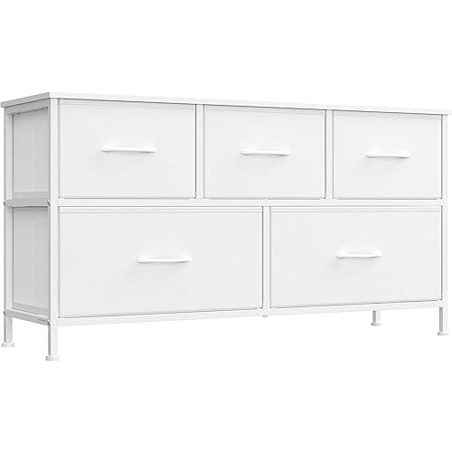 SONGMICS Dresser for Bedroom, Chest of Drawers, TV Stand, Steel, MDF, 5 Non-Woven Fabric Drawers, Storage Organizer Unit, Closet, Entryway, Cloud White and Snow White ULGS322W01S