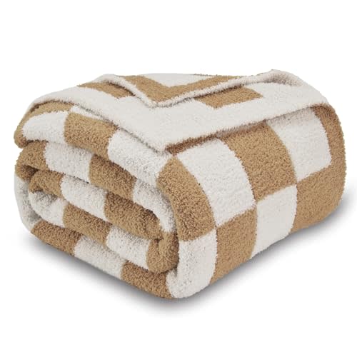CozeCube Beige White Reversible Checkered Knit Throw Blanket 50"x60" | Super Soft Fullfy Microfiber Knitted Blankets , Warm Cozy Fuzzy Plush Throw, For Couch Bed Sofa