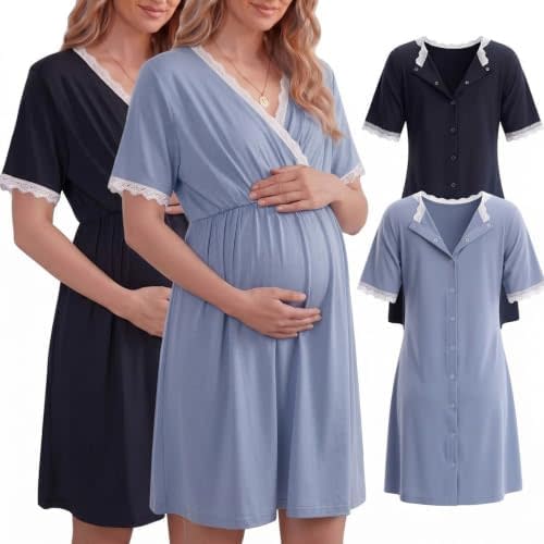 2 Pack Labor and Delivery Gown for Hospital Maternity Nursing Button Back Gown Short Sleeve Breastfeeding Dress