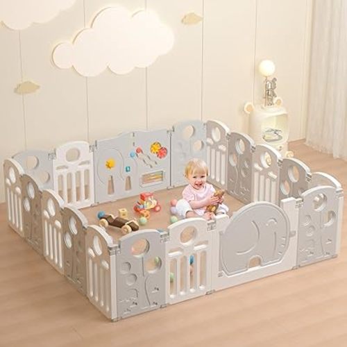 Baby Playpen,for Kids and Toddlers,Kids Activity Centre Safety Play Yard,Indoor&Outdoor Pattern Baby Fence with Game Panel, Safety Lock, Non-Slip Bases, Adjustable Shape,18 Panels