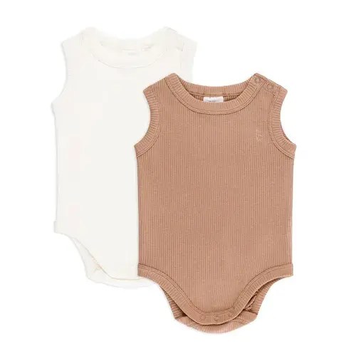 Bilbi 2 Pack Bodysuit Sleeveless Rib Organic Cafe Au Lait / Snow | Baby Bunting AU