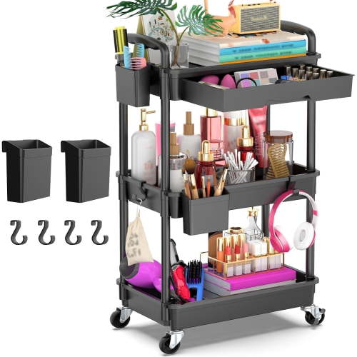 "Yeabett 3 Tier Rolling Utility Cart Organizer, Removable Drawer, Black, 14.9""D x 10.6""W x 30.6""H"