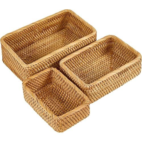 Natural Rectangular Rattan Storage Baskets (Set of 3), Hand Woven Food and Fruit Serving Baskets, Wicker Organizer for Living Room, Bedroom, Kitchen
