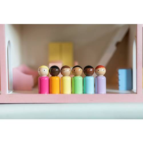 Rainbow Peg Dolls: Set of 6 Diverse Wooden Figures (short set)