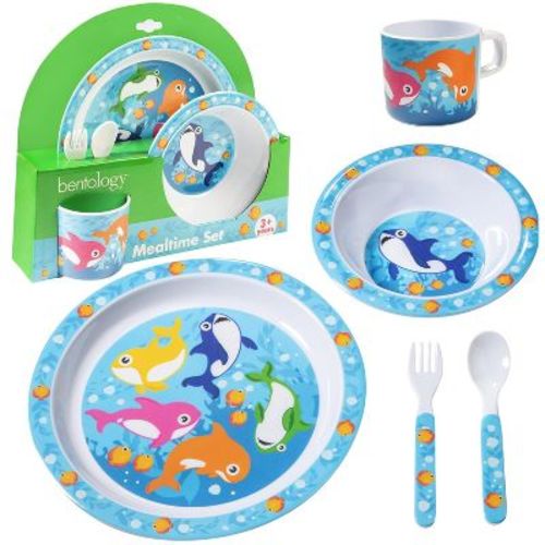 Bentology 5 Pc Mealtime Feeding Set for Kids and Toddlers (Shark) Includes Plate, Bowl, Cup, Fork and Spoon Utensil Flatware- Durable, Dishwasher Safe