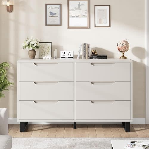 6 Drawer Dresser for Bedroom, 47.2 Inch Wide Chest of Drawers, Modern Rustic Engineered Wood Dresser with Deep Storage Drawers, Freestanding Storage Cabinet for Living Room, Hallway, Entryway,White