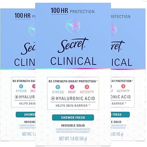 Secret Clinical Strength 100HR Sweat & Odor, Invisible Solid Antiperspirant Deodorant for Women, 3X Stress Protection with Hyaluronic Acid, Shower Fresh Scent, 1.6 oz (Pack of 3)