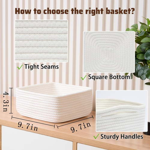 LYUSCI-Small Square Shallow Baskets for Organizing, 9.7x9.7x4.3 Inch Rope Woven Storage Bins for Cubes Closet, Shelves Storage, Boho Decorative Basket, 2 Packs Off White