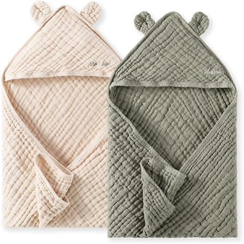 Momcozy Baby Towels, 6-Layer 100% Cotton Muslin Hooded Baby Towel Set for Newborn, Infant & Toddler, Soft Absorbent Baby Bath Essentials, Large 32 x 32 Inch