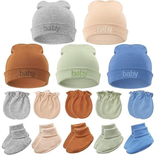 BQUBO Newborn Baby Hat Mittens Socks Set Infant Cotton Beanie Gloves Thick Warm Socks for 0-6 Months Boys Girls