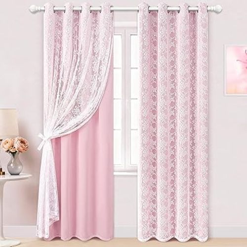 Yinhua Pink Curtains for Girls Room Double Layer Blackout Curtains for Bedroom 84 Inches Long Nursery Curtain for Living Room, Grommet Drapes with Tiebacks, 52" W x 84" L