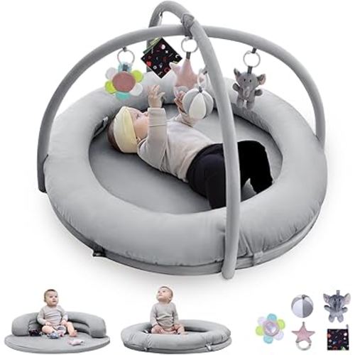 Baby Play Gym for 0-12 Months, 5-in-1 Tummy Time Mat for Floor, High Support Foam Mat with Soft Fence, Baby Play Mat with 5 Linkable Toys, Ideal Gift for Newborn Infant Baby Essential (Grey)