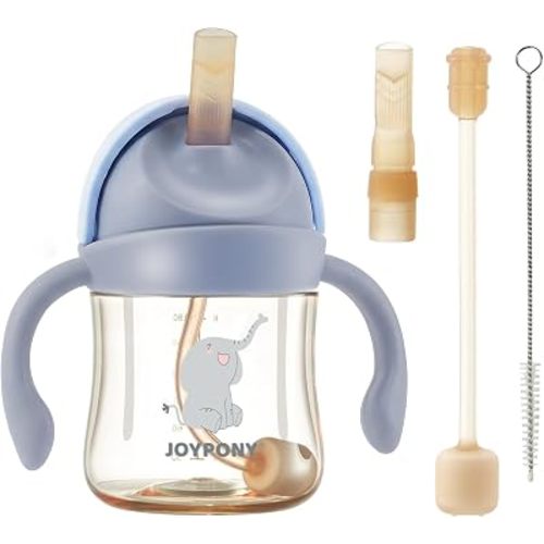 Joypony Sippy Cups for Toddlers 1-3, Spill Proof Weighted Straw Cup with Handle for Baby 6 Months + old, 2 Silicone Straws, PPSU, BPA Free, 6 oz (Blue)