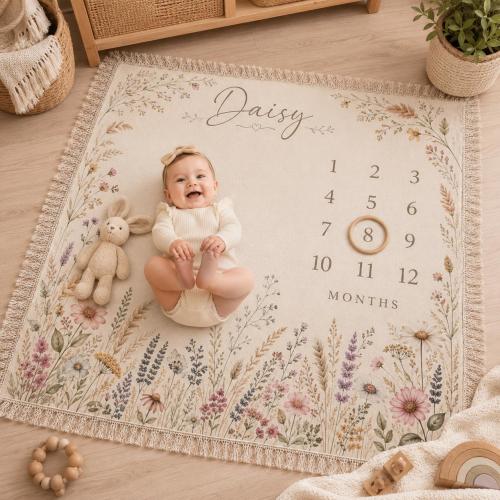 Personalized Baby Milestone Blanket, Custom Name Monthly Growth Tracker, Boho Wildflower Woven Blanket, Newborn Photo Prop, Baby Shower Gift