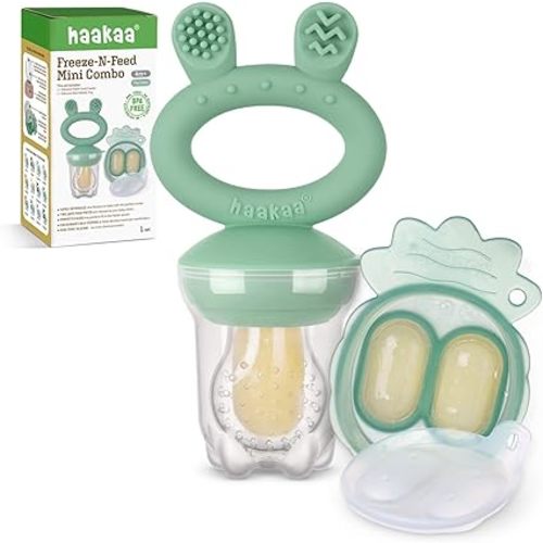 Haakaa Baby Fruit Food Feeder & Mini Freezer Nibble Tray Combo, Breastmilk Popsicle Molds for Baby Cooling Relief, BPA Free Silicone Feeder for Safe Infant Self Feeding, 4 Month+ (Pea Green)