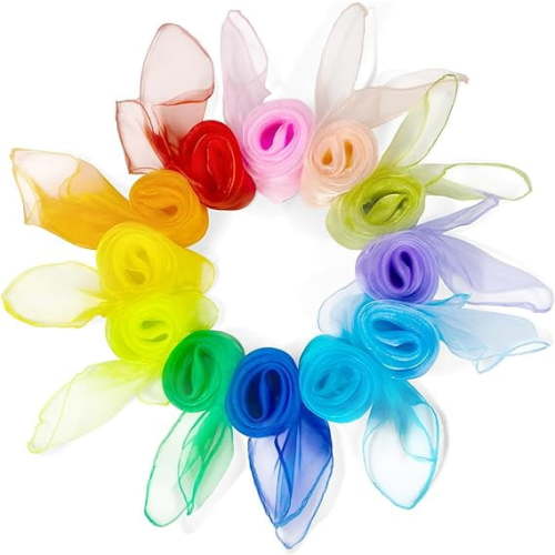Novelty Place 12 Pcs Dance and Juggling Scarves - 12 Colors Silk Square Scarf with Hemmed Edges - Easy Clean Ideal Performance Props Accessories