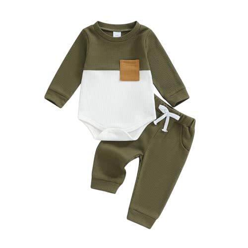 allshope Newborn Baby Boy Fall Outfit Romper Long Sleeve Solid Jumpsuit Bodysuit Elastic Waist Pants Infant Waffle Clothes