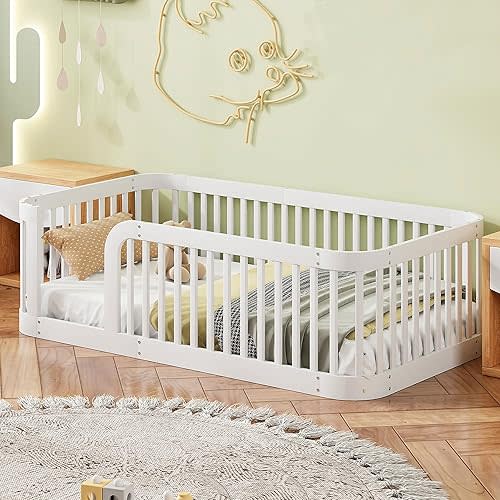 Bellemave Twin Floor Bed with High Fence and Rounded Corner Design, Twin Size Montessori Floor Bed with Entrance, Easy Assemble Montessori Bed Frame, White