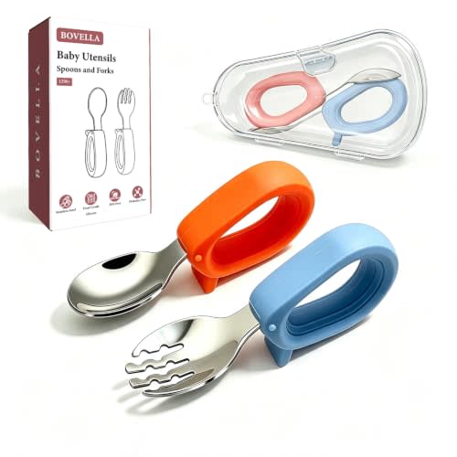 Toddler Utensils, Stainless Steel Baby Forks and Spoons Set with Silicone Handle, Kids Silverware with Portable Storage Case, Baby Feeding Essentials, Dishwasher Safe (Blue+Red)