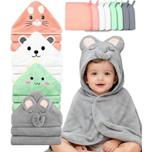 12 PCS Baby Bath Towels Set, Animal Hooded Baby Towels for Newborn Gifts