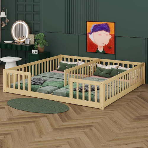 BEBPILOO Double Twin Floor Bed with Fence, Guardrails, without door, Natural