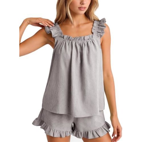 Flygo Striped Cotton Pajamas for Women Set Ruffle Cami Top Shorts Sets