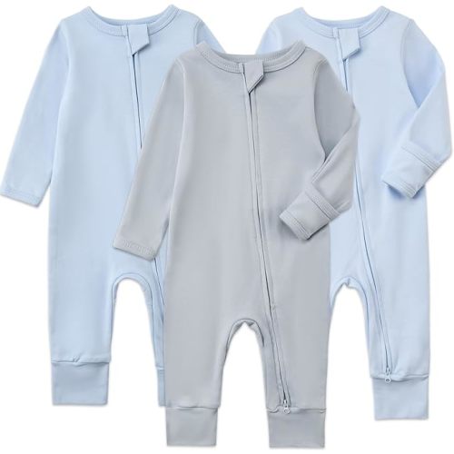 Aablexema 3-Pack Organic Cotton Baby Footless Pajamas with Mitten Cuffs, 2-Way Zipper Infant Romper Outfit