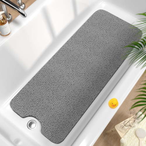 HITSLAM Non Slip Bathtub Mat 40"x 16",Extra Long Bath Mat for Tub,Soft PVC Loofah Shower Floor Mat with Drain,Quick Drying Bathroom Tub Mat for Wet Area,Without Suction Cup,Gray