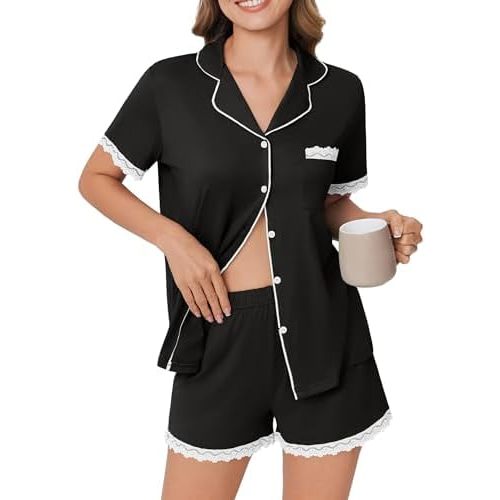Ekouaer Womens Short Sleeve Pajamas Set Soft Sleepwear Button Down Lounge Set Lace Top and Shorts Pj Nightwear
