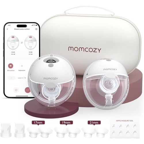Momcozy M5 Smart APP Controlled Wearable Breast Pump, Hands-Free Wireless Electric Pump, 3 Modes 9 Suction Levels, BPA-Free, Portable Lightweight, 24mm Flange, 2-Pack Quill Gray