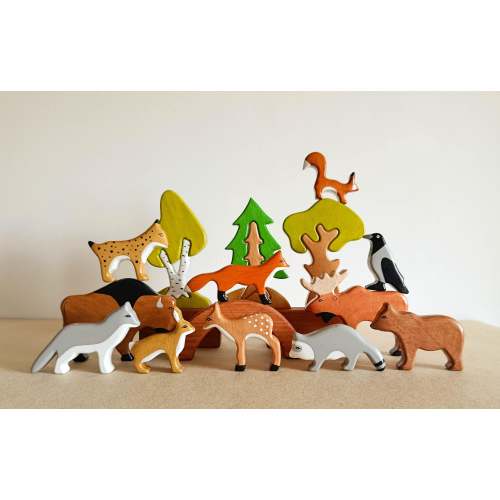 Wooden Forest Animal Toy Set (11 Pcs)+ Puzzles Trees (3 pcs): Handmade Toys