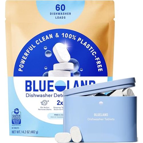 BLUELAND 100% Plastic-Free Dishwasher Detergent Tablets, Starter Set, 60 Count with tin, Free & Clear, Eco-Friendly Dishwashing Pods, Natural, USDA Certified biobased