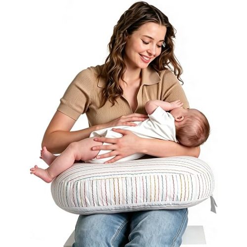Little Grape Land Nursing Pillow for Infants, Extra Firm Breastfeeding Pillows, Baby Pillow for Nursing, Bottle Feeding with Machine Washable Cover & Breathable Filling (Lines)