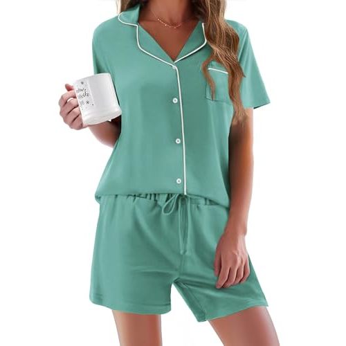 Ekouaer Pajamas Set for Women Short Sleeve Sleepwear Button Down Pjs Soft 2 Piece Lounge Sets XS-XXXL