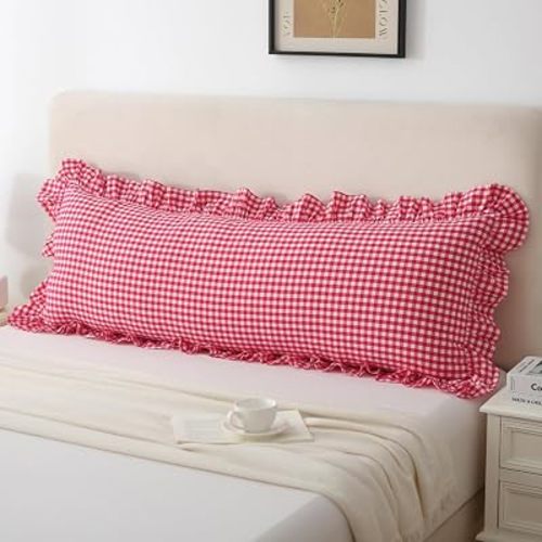 Silnuo Red/White Gingham Ruffle Body Pillow Cover 20" x 54"