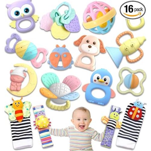 16 Pack Baby Rattles Teething Toys 3-6 Months, Baby Toys 0-6 Months, Newborn Infant Toys 6-12 Months, Essentials Must Haves Wrist Socks Toddler Stocking Stuffers Christmas Gifts (Pink)