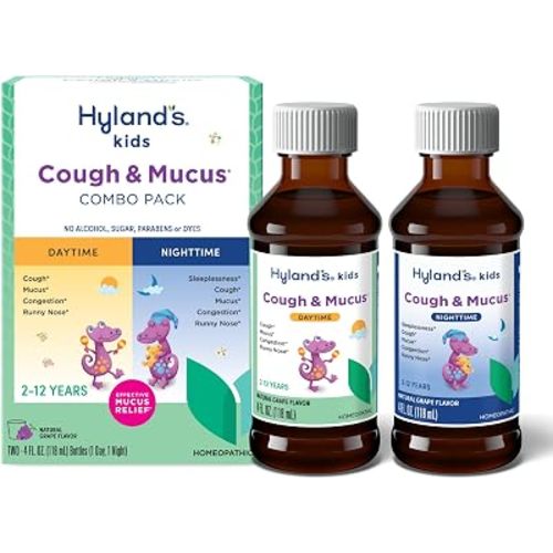 Hyland's Kids Cough Syrup and Mucus Relief Daytime and Nighttime Combo Pack, Kids Medicine for Ages 2-12, Grape Flavor, Promotes Sleep, Cough, Runny Nose, Mucus and Congestion, 8 Ounces