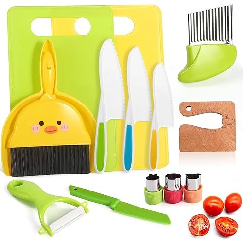 14PC Montessori Toy Safe Kitchen Knife Set for Toddler, Kids Knife Set for Real Cooking with Cutting Board, Gift for 3-12 Year Old Girl Boy Bithday Chistmas, Little Chef Cooking Tool for Kid Age 3-12