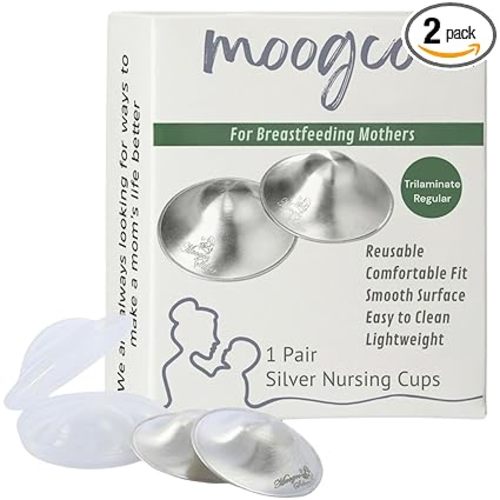 MOOGCO The Original Silver Nursing Cups - Nipple Shields for Breastfeeding Newborn - Breastfeeding Essentials - 999k Tri-Laminate Silver Nipple Covers (Regular Size, Set of 2)
