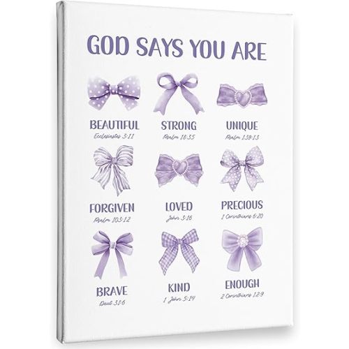 PHAMTE Purple Bow Coquette Christian Wall Art Decor Canvas 11x14, God Says You Are Inspirational Pictures Wall Decorations Art, Preppy Bible Verse Framed Prints Artwork for Girly Room Dorm Decor