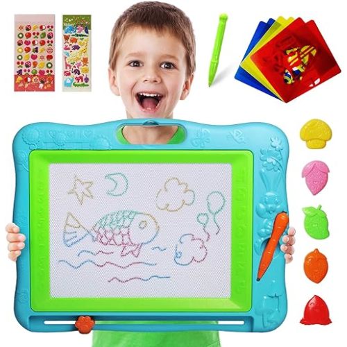 Gamenote Extra Large Magnetic Drawing Board 18×13 with Stamps & Stencils & Replacement Pen - Education Doodle Toys for Kids, Colorful Erasable Magnet Writing Sketching Pad for Toddlers Learning (Blue)