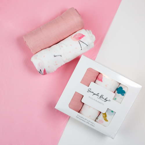 Simple Baby Essentials | Soft Bamboo Muslin Cotton Swaddles - Receiving Blankets | Baby Shower Gift | 3 Pack - Large 47”x47” | Soft Absorbent Breathable | Girl | Light Pink | Unicorn | Flamingo