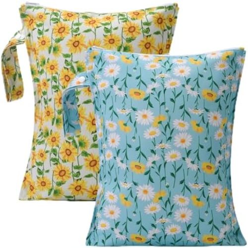 2PCS Waterproof Wet Bags for Baby Cloth Diaper,Reusable Travel Bags,Pump Parts,Beach,Pool,Gym Bag for Swimsuits&Wet Cloth Leak-proof Lightweight-Sunflower