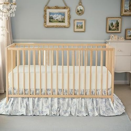Brandream French Country Toile Floral Print Cotton Crib Skirt Toddler Bedskirt Baby Nursery Crib Bed Skirt Boho Bohemian Neutral Blue Farmhouse Chic Ruffles Skirt